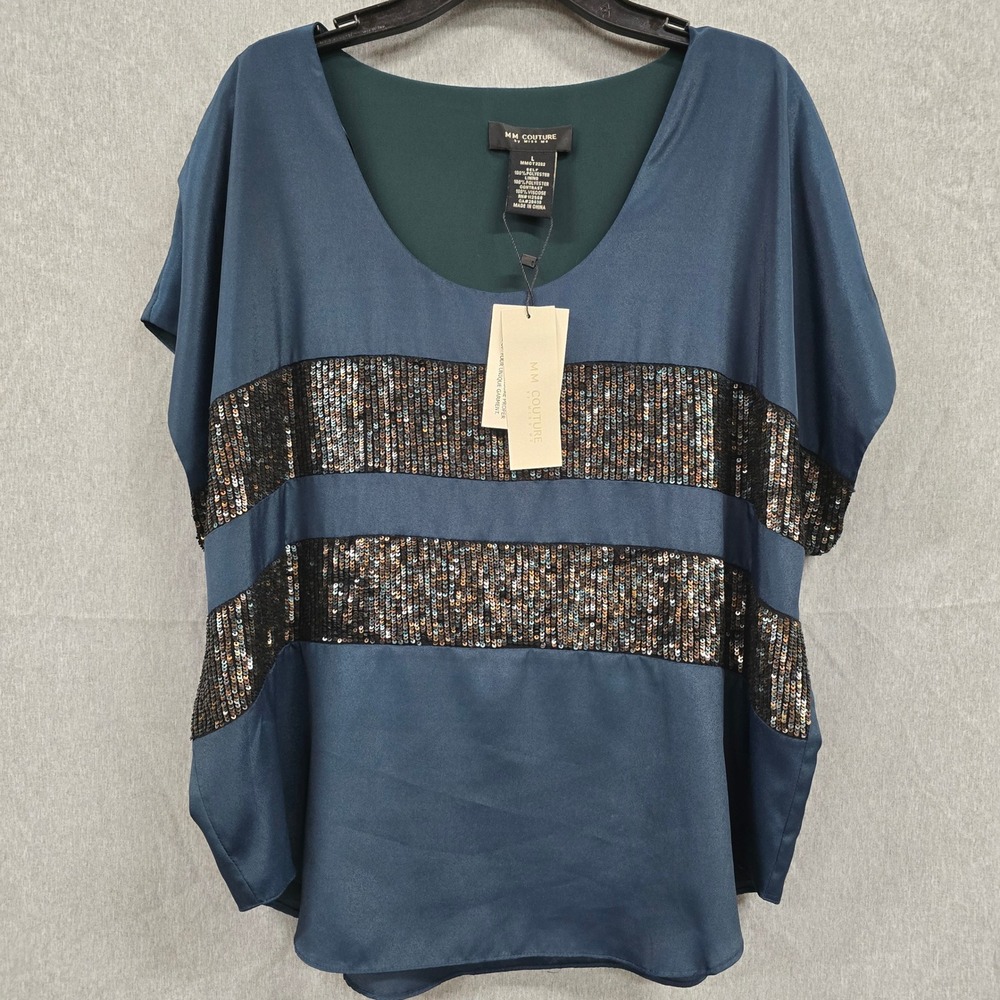 MM Couture by Miss Me Teal Blue Sequin Striped Dolman Blouse MMCT2232 Large NEW